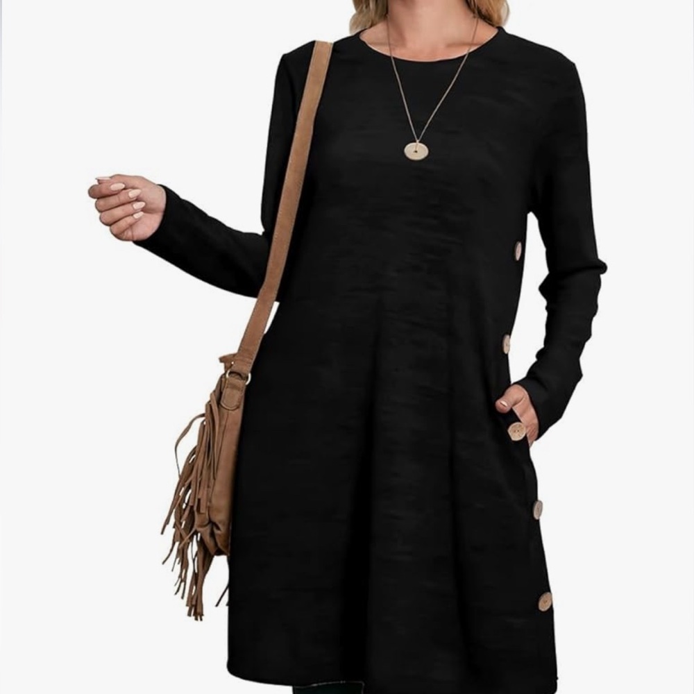 Kikibell Long Sleeve Dress Women’s Sz L Crew Neck Tunic Dress Pockets Buttons